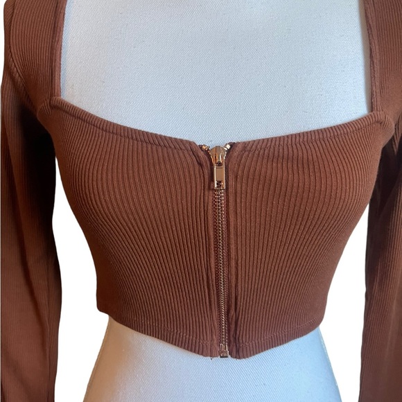 PACSUN L.A. Hearts Brown Square Neck Long Sleeve Ribbed Zip Up Crop Top Small - Picture 10 of 12